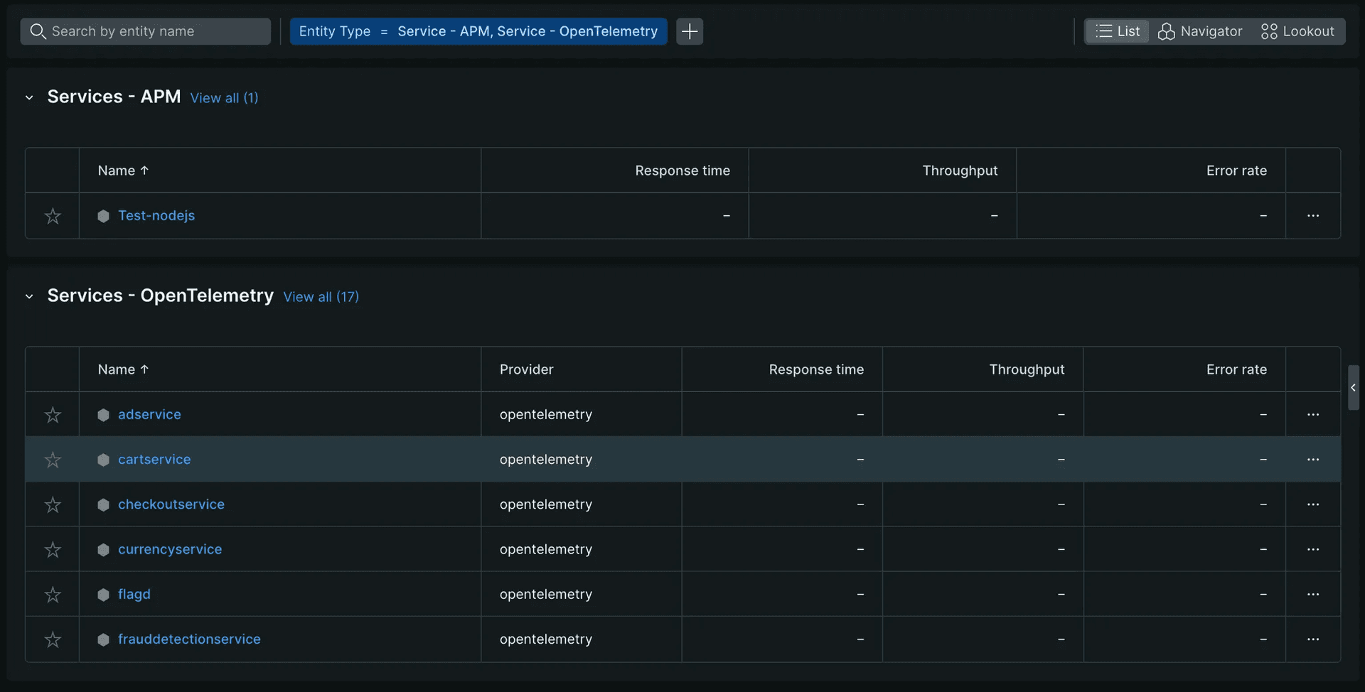 Application instrumented by OpenTelemetry are segregated from those instrumented with NR agents